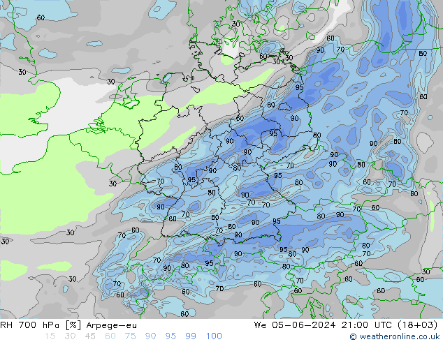 RH 700 hPa Arpege-eu We 05.06.2024 21 UTC