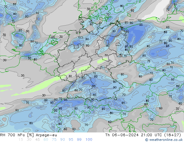 RH 700 hPa Arpege-eu Th 06.06.2024 21 UTC