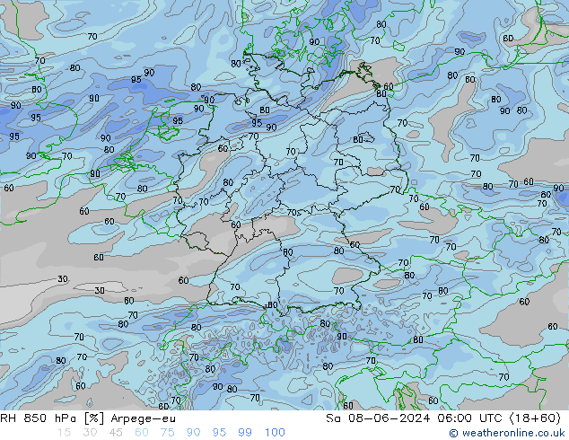 RH 850 hPa Arpege-eu Sáb 08.06.2024 06 UTC