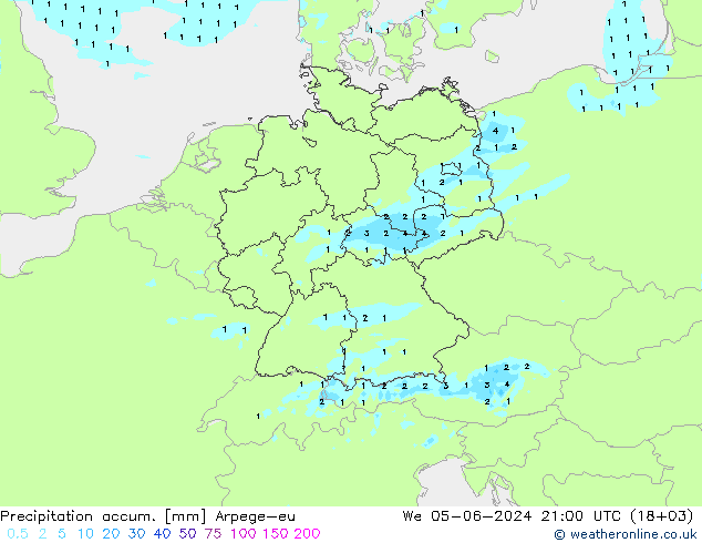 Totale neerslag Arpege-eu wo 05.06.2024 21 UTC