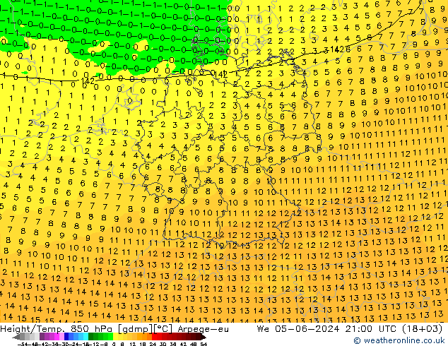 Hoogte/Temp. 850 hPa Arpege-eu wo 05.06.2024 21 UTC