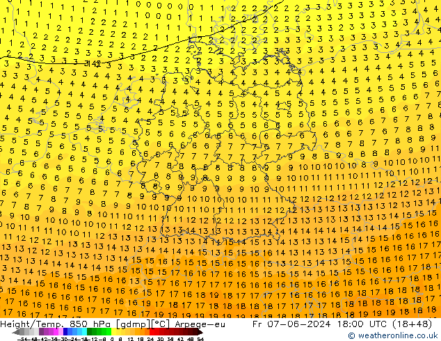 Géop./Temp. 850 hPa Arpege-eu ven 07.06.2024 18 UTC