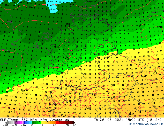 SLP/Temp. 850 hPa Arpege-eu Do 06.06.2024 18 UTC