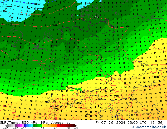 850 hPa Yer Bas./Sıc Arpege-eu Cu 07.06.2024 06 UTC