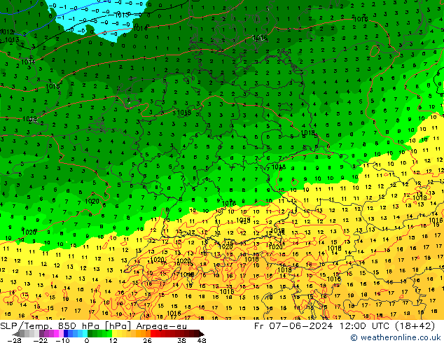 SLP/Temp. 850 hPa Arpege-eu Fr 07.06.2024 12 UTC