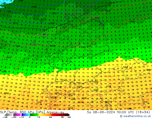 850 hPa Yer Bas./Sıc Arpege-eu Cts 08.06.2024 00 UTC