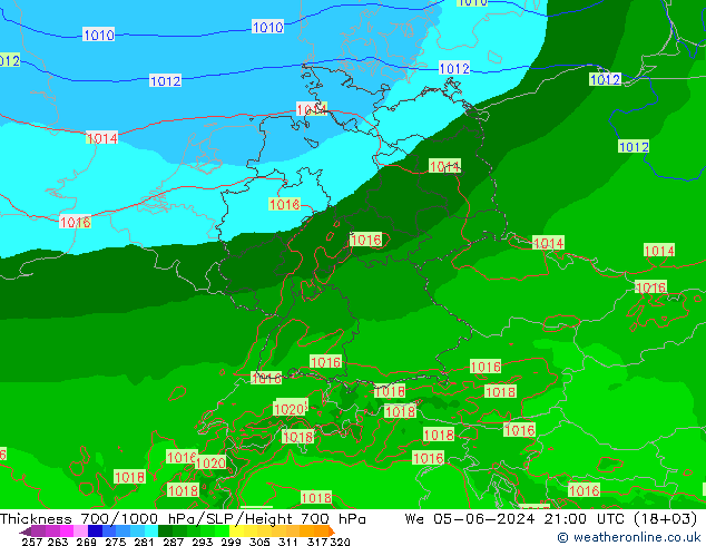 Espesor 700-1000 hPa Arpege-eu mié 05.06.2024 21 UTC