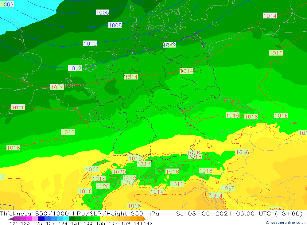 Thck 850-1000 hPa Arpege-eu Sa 08.06.2024 06 UTC