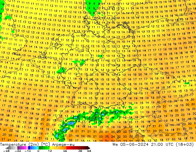 température (2m) Arpege-eu mer 05.06.2024 21 UTC