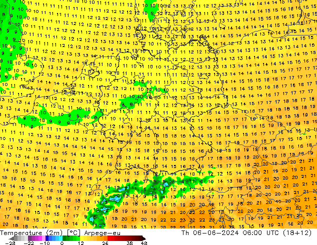 mapa temperatury (2m) Arpege-eu czw. 06.06.2024 06 UTC