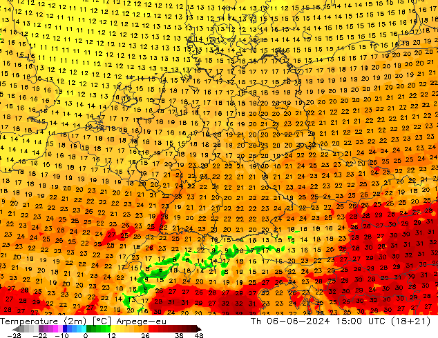 Temperatuurkaart (2m) Arpege-eu do 06.06.2024 15 UTC