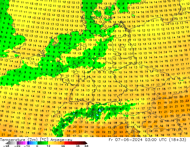 température (2m) Arpege-eu ven 07.06.2024 03 UTC