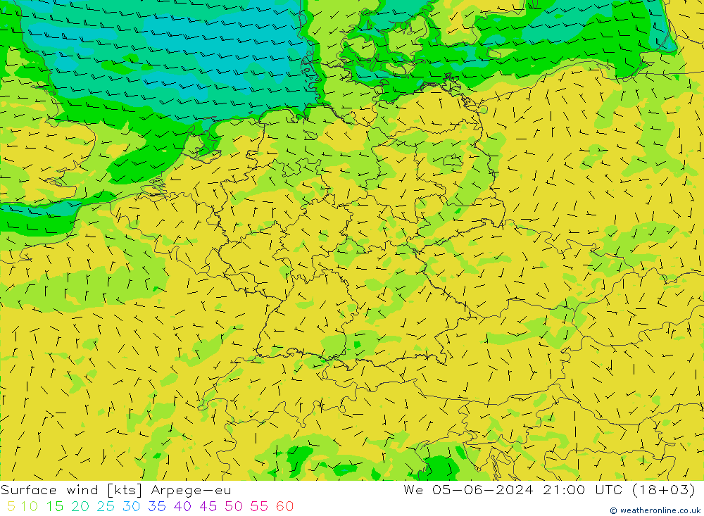 Wind 10 m Arpege-eu wo 05.06.2024 21 UTC