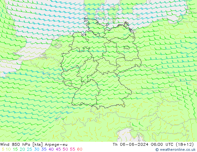 Wind 850 hPa Arpege-eu Th 06.06.2024 06 UTC