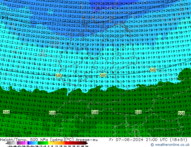 Height/Temp. 500 hPa Arpege-eu Fr 07.06.2024 21 UTC