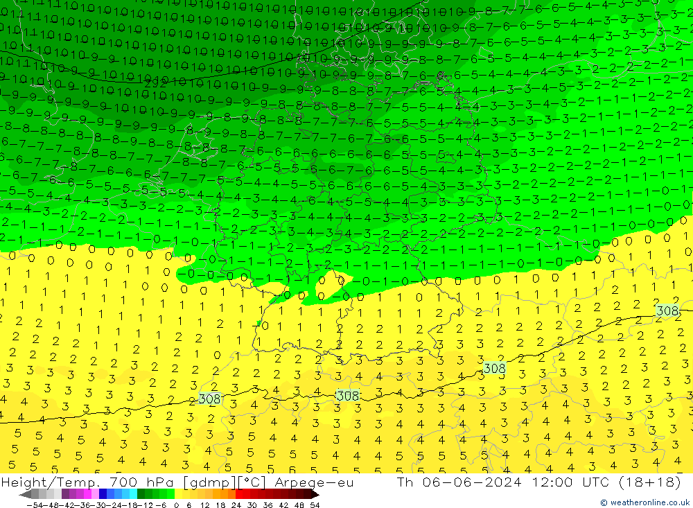 Géop./Temp. 700 hPa Arpege-eu jeu 06.06.2024 12 UTC