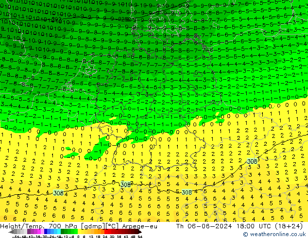 Height/Temp. 700 hPa Arpege-eu Th 06.06.2024 18 UTC