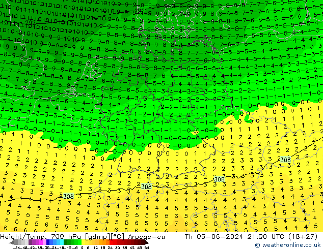 Height/Temp. 700 hPa Arpege-eu Th 06.06.2024 21 UTC