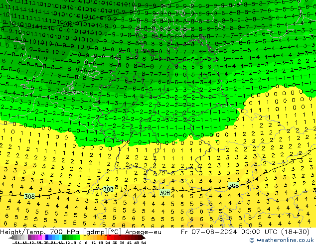 Height/Temp. 700 hPa Arpege-eu Fr 07.06.2024 00 UTC