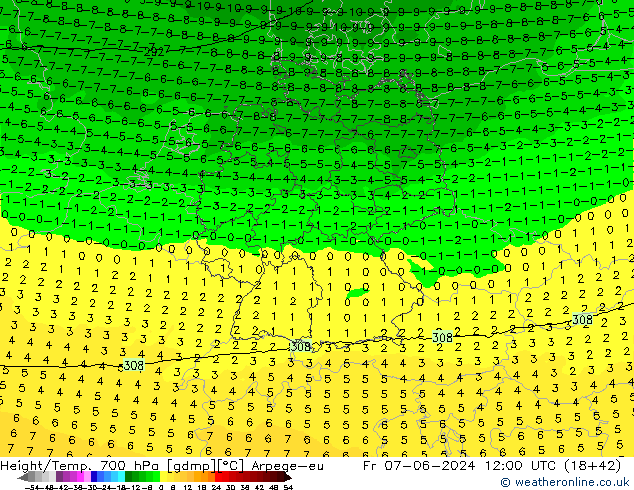 Height/Temp. 700 hPa Arpege-eu ven 07.06.2024 12 UTC