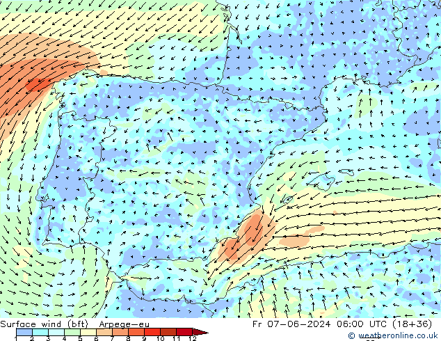 Vento 10 m (bft) Arpege-eu Sex 07.06.2024 06 UTC