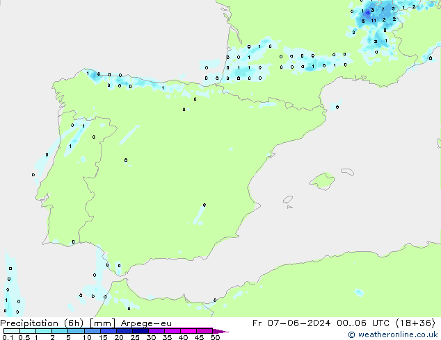 Precipitação (6h) Arpege-eu Sex 07.06.2024 06 UTC