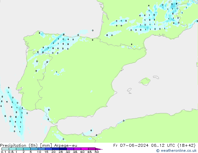 Totale neerslag (6h) Arpege-eu vr 07.06.2024 12 UTC