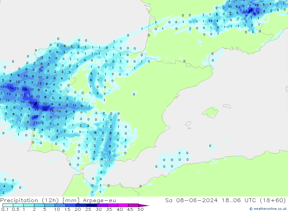 Precipitation (12h) Arpege-eu So 08.06.2024 06 UTC