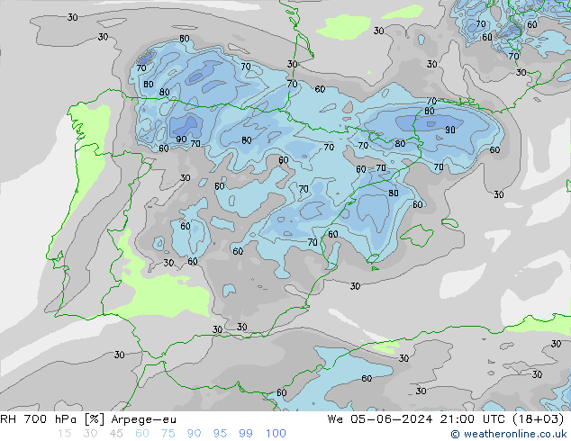 RH 700 hPa Arpege-eu śro. 05.06.2024 21 UTC