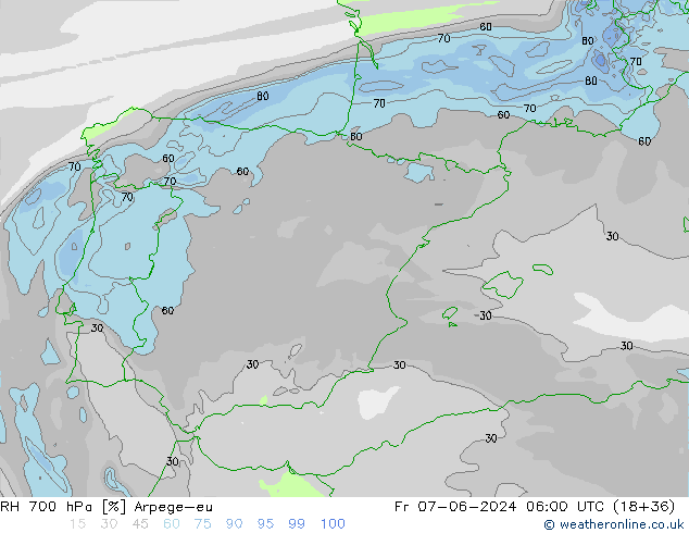 Humedad rel. 700hPa Arpege-eu vie 07.06.2024 06 UTC