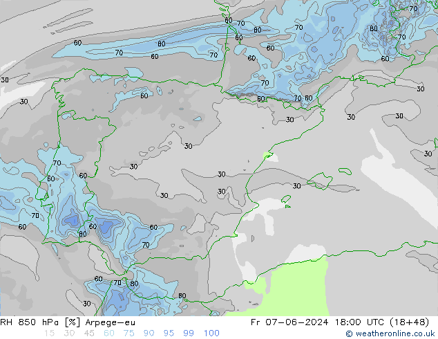 RH 850 hPa Arpege-eu Sex 07.06.2024 18 UTC