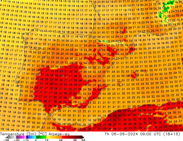 Temperature (2m) Arpege-eu Th 06.06.2024 09 UTC