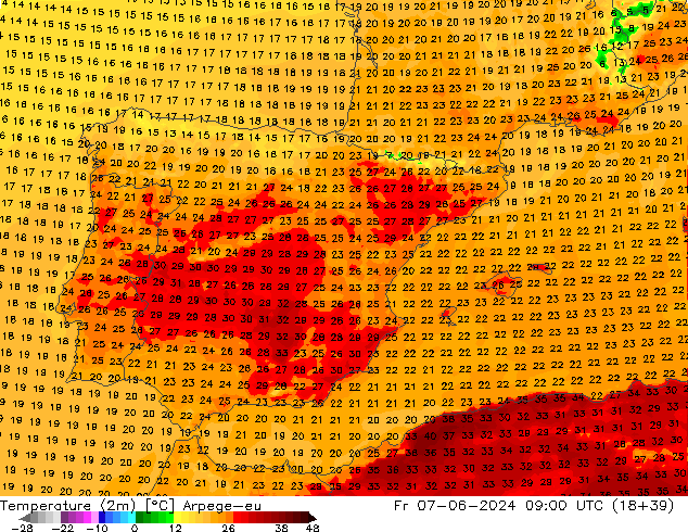 température (2m) Arpege-eu ven 07.06.2024 09 UTC