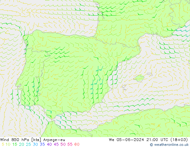 Vento 850 hPa Arpege-eu mer 05.06.2024 21 UTC