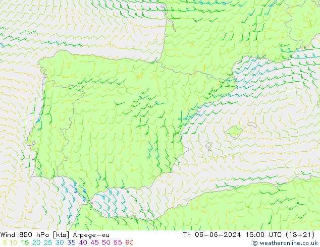 Wind 850 hPa Arpege-eu Čt 06.06.2024 15 UTC