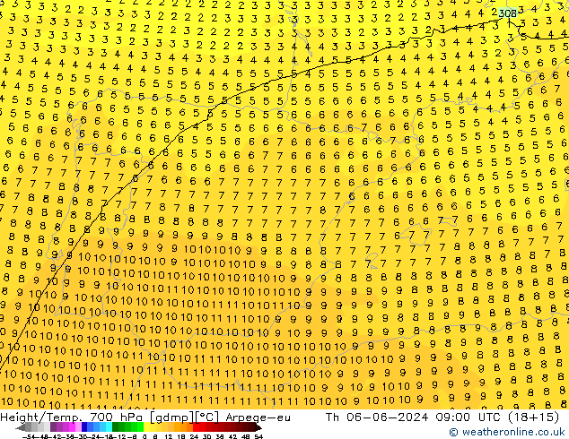 Height/Temp. 700 hPa Arpege-eu Th 06.06.2024 09 UTC