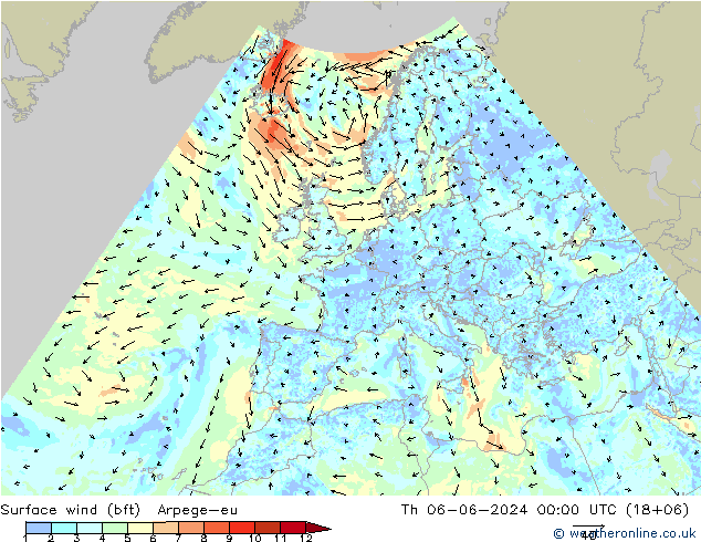 Bodenwind (bft) Arpege-eu Do 06.06.2024 00 UTC