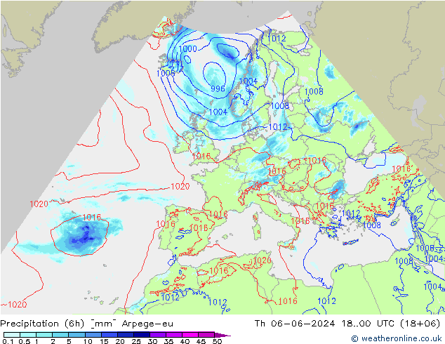 Precipitación (6h) Arpege-eu jue 06.06.2024 00 UTC