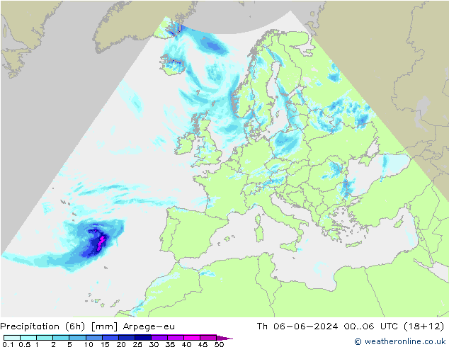 Precipitation (6h) Arpege-eu Čt 06.06.2024 06 UTC