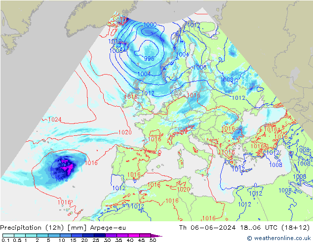 Precipitation (12h) Arpege-eu Th 06.06.2024 06 UTC