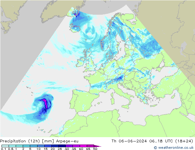 Precipitation (12h) Arpege-eu Th 06.06.2024 18 UTC