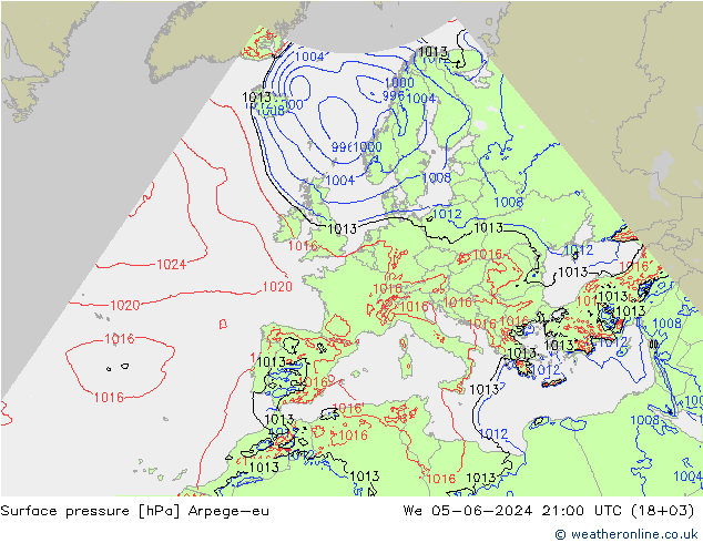 地面气压 Arpege-eu 星期三 05.06.2024 21 UTC