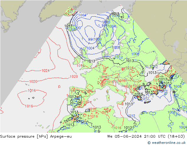 Presión superficial Arpege-eu mié 05.06.2024 21 UTC