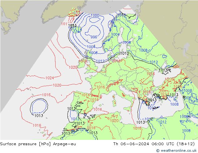 Pressione al suolo Arpege-eu gio 06.06.2024 06 UTC