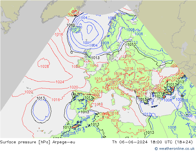 Presión superficial Arpege-eu jue 06.06.2024 18 UTC