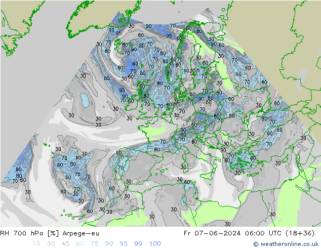 RH 700 hPa Arpege-eu ven 07.06.2024 06 UTC