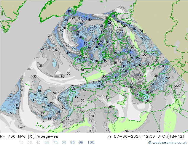 Humidité rel. 700 hPa Arpege-eu ven 07.06.2024 12 UTC