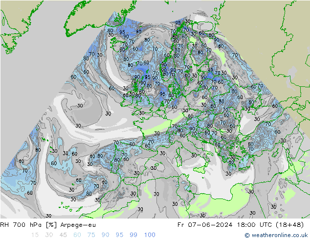 RH 700 гПа Arpege-eu пт 07.06.2024 18 UTC