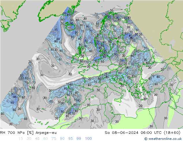 RH 700 hPa Arpege-eu Sa 08.06.2024 06 UTC