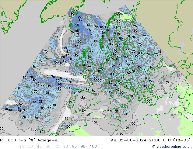 RH 850 гПа Arpege-eu ср 05.06.2024 21 UTC